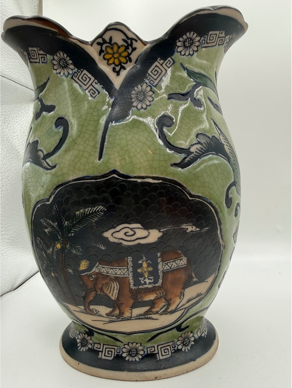 Formalities Elephant Palm Collection Ceramic Vase with Elephant and Floral Motif